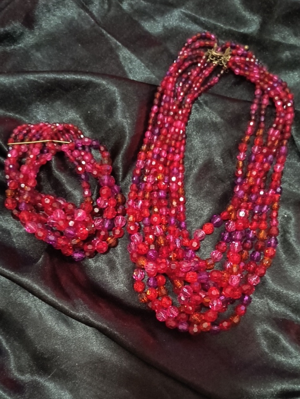 Multistrand Chinese Red Crystal Bead 16" Necklace and 8"Bracelet Set